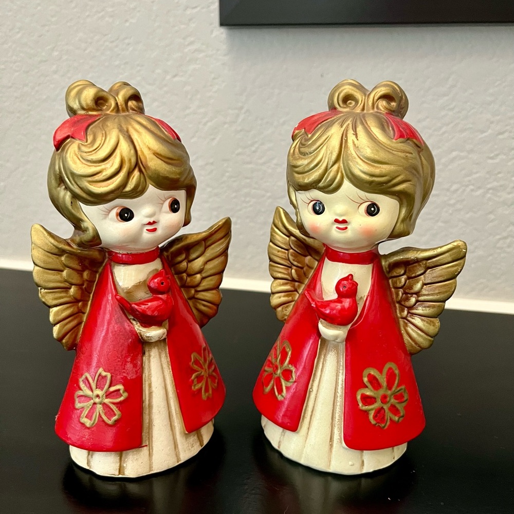 Pair of Holt Howard vintage 1960 Christmas Angels holding a red bird